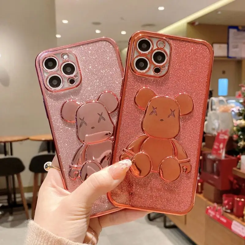 glitter transparent Silicone Lens Protection Cover Cute Bear Plating Phone Case for iPhone13 11 12 xs promax