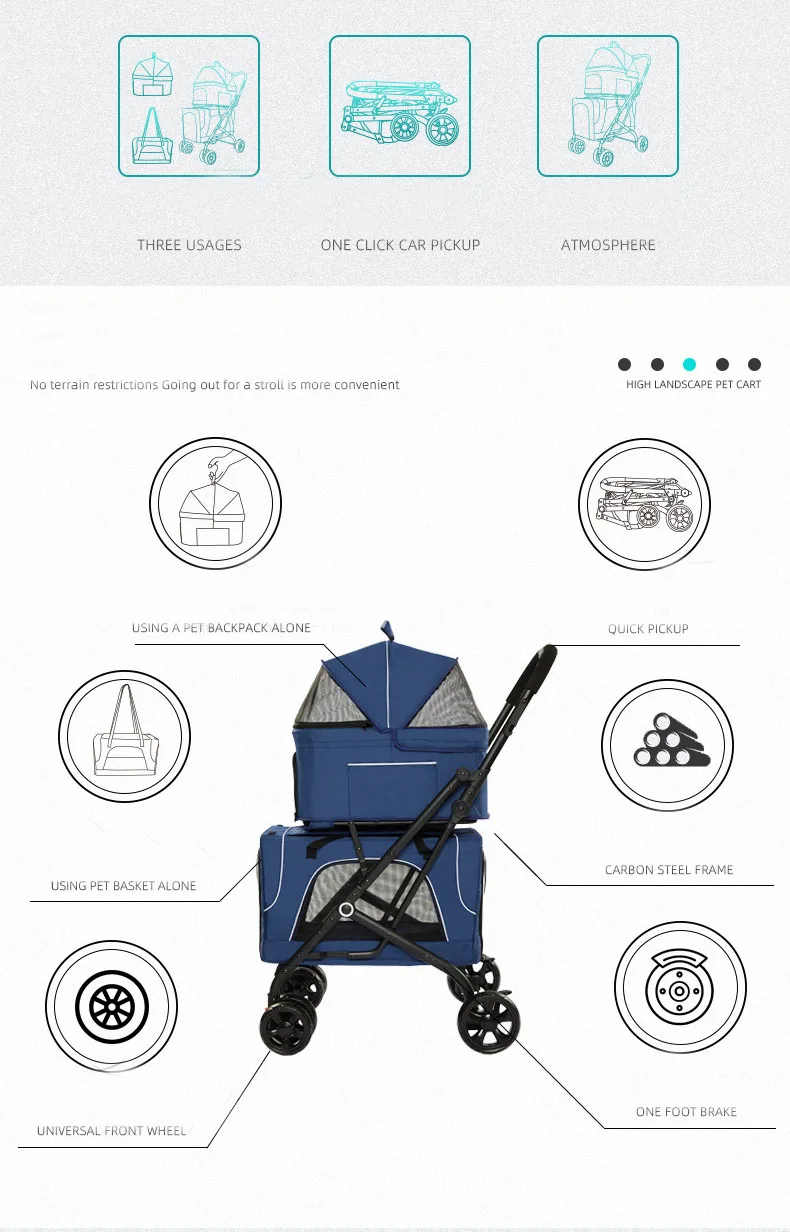New design 3 in 1 carrier utopian twin double dog stroller luxury 4 wheels pet cat stroller for large small dog