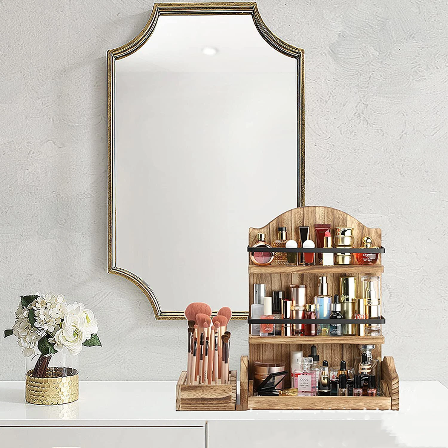 3 Layer Rustic Wooden Desk Makeup Organizer Cosmetic Organizer Storage Box