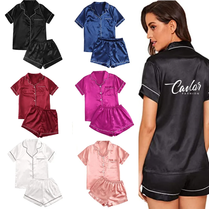 CLS1112-1 custom logos silk pajamas ladies night two pieces sleep wear pyjamas 2 piece shorts set women clothing 2023 summer