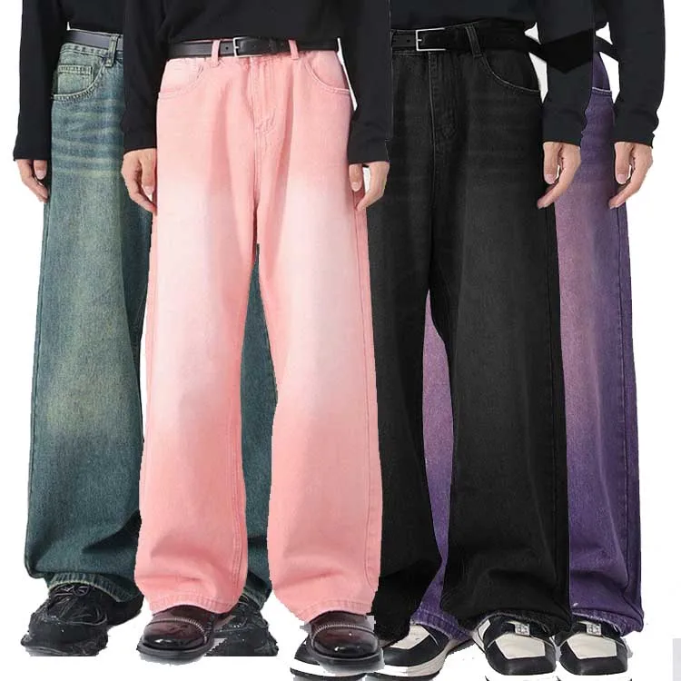 Custom Denim Faded Vintage Acid Washed Baggy Jeans Men Loose Flare Jeans Pants for Men