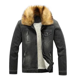 New Design Street Wear Fur Lined Mens Jean Jacket 100% Cotton Winter Warm Black Fitted Jeans For Men Denim Jacket