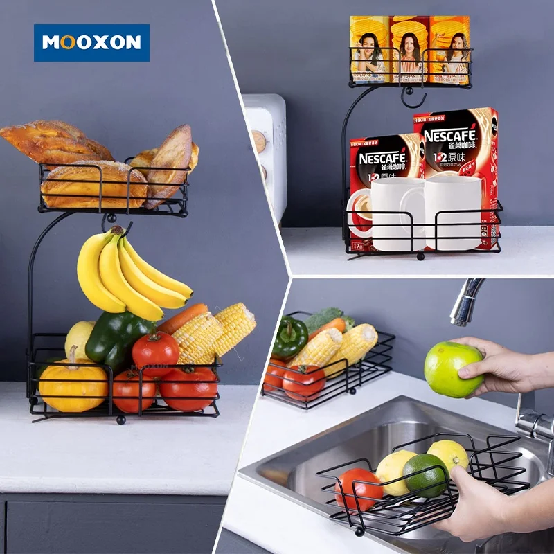 OEM 2-Tier Square Black Organizer Metal Fruits Holder Banana Hanger Kitchen Storage Fruit Vegetables Basket Bowl for Countertop