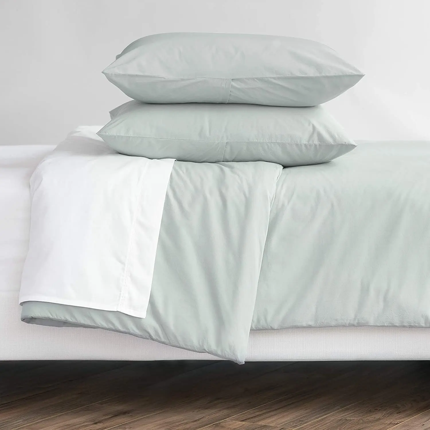 Cozy 100% Cotton Percale Washed Reversible Duvet Cover Set | Full/Queen Size (Seafoam)