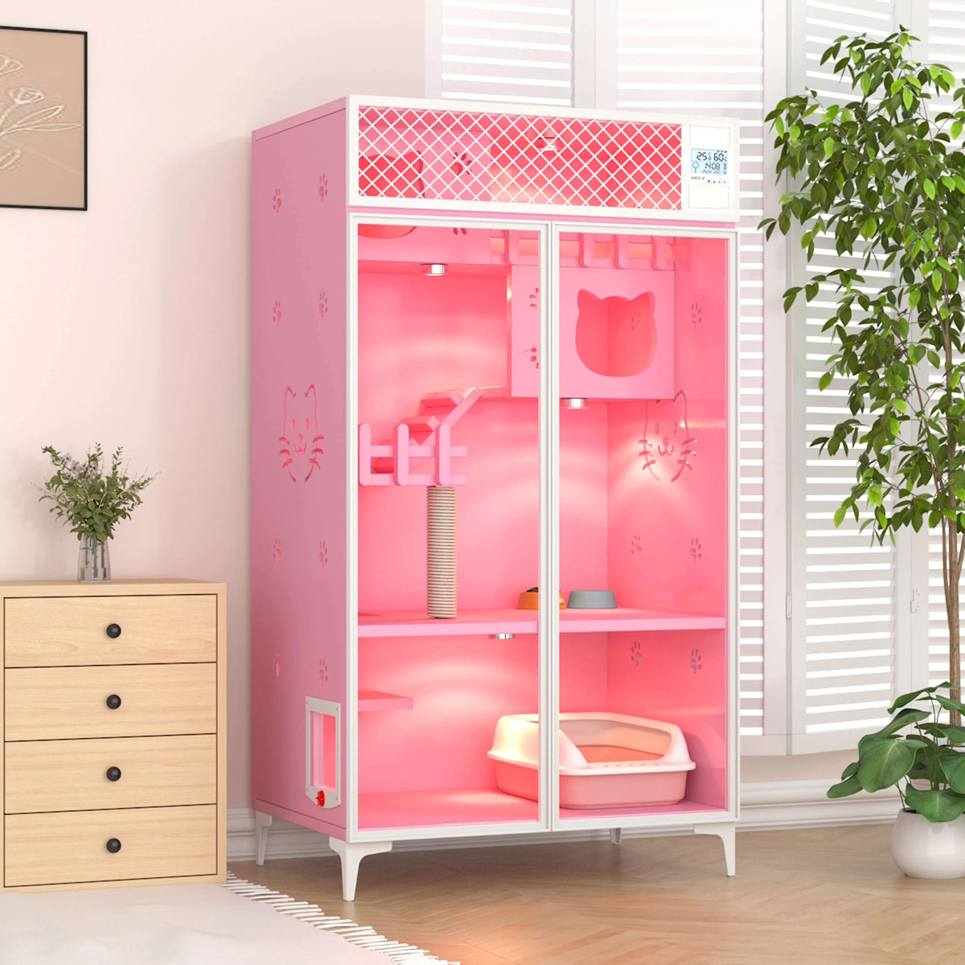 Factory wholesale solid wood cat villa kitten house cat cabinet kitten cage furniture multi-layer design (warm pink)