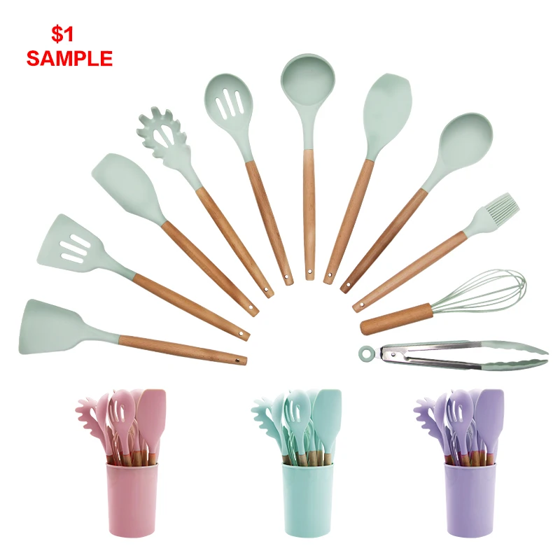 12Pcs Silicone Wooden Handle Kitchenware Cookware Cooking Tools Kitchen Accessories Utensils Set