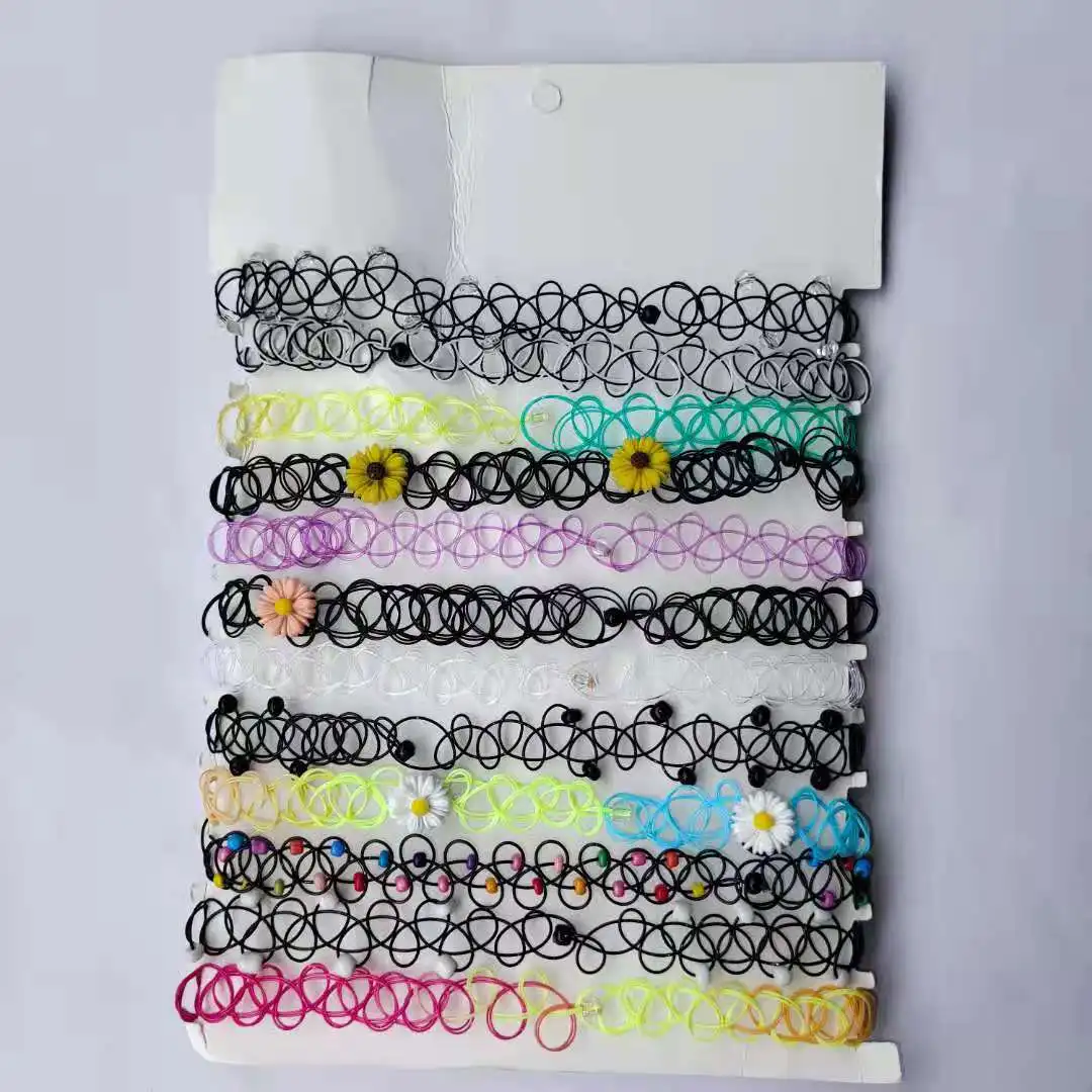 12Pcs/Set Colorful Collar Stretch Tattoo Choker Necklace Women Punk Gothic Elastic Hollow Fishline Flower Pendants Necklaces