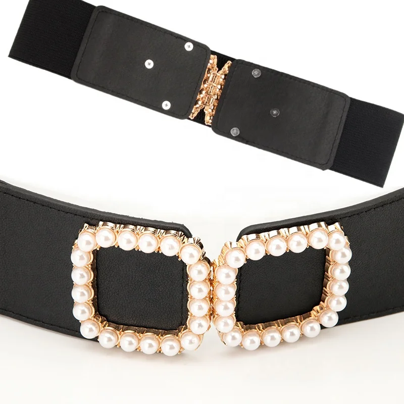Pearls Square Buckle Belts for Women Adjustable Elastic Waist Belts Ladies Waistband for Jeans