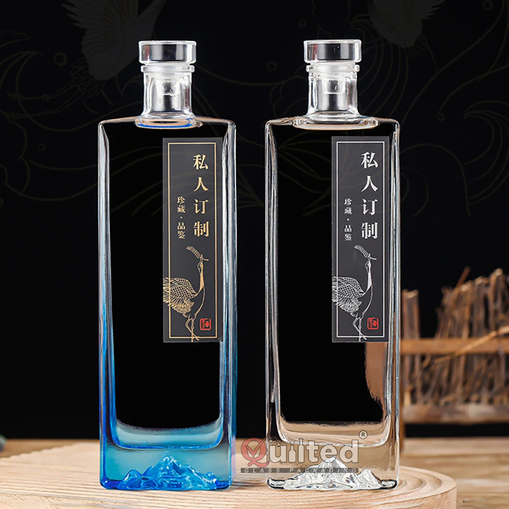 Sealed Unique carved flat Rectangle Shaped Clear Glass Liquor Bottle Rum 500ml Nordic Gin Whiskey Vodka Liquor Spirit Bottle
