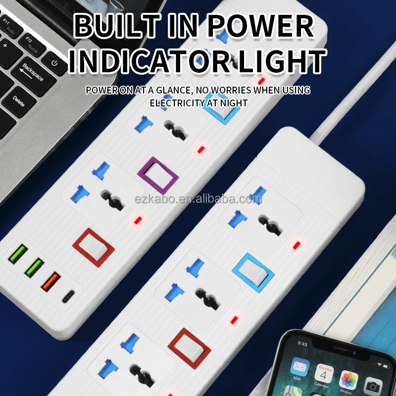 EZKABO New Design American Style Extension Power Socket US Plugs 3 outlet 3USB 1Typec Port Power Strip For Sale