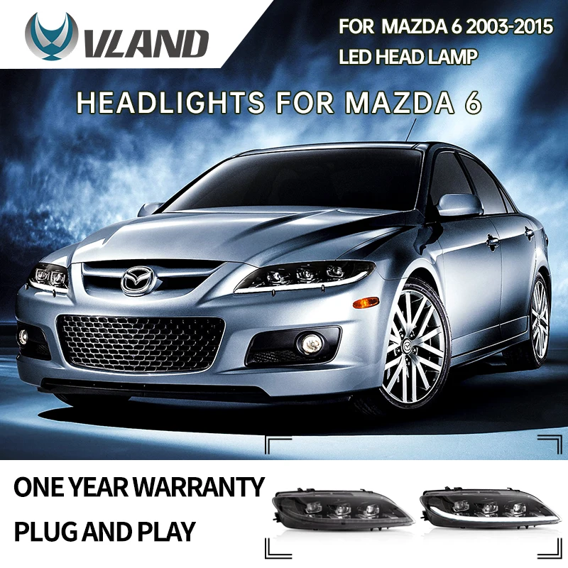 VLAND Car Lamp Assembly For Mazda 6 Headlight 2003-2015 With Start Up Animation DRL Full LED Front Lights Sequential Turn Signal