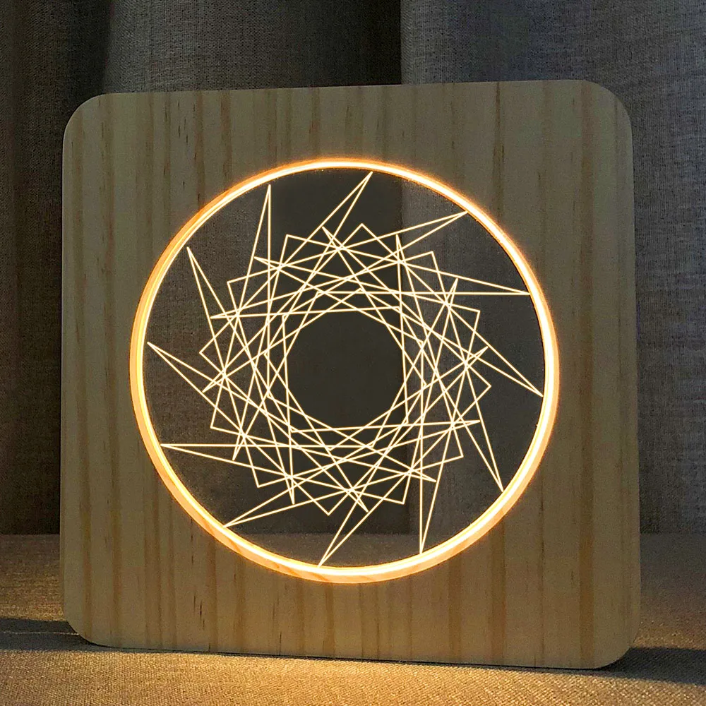 Home Decor indoor USB Led Wood Light  Desk Lamp Wooden Carving  Kaleidoscope Wood Woodworking  Table Lamp