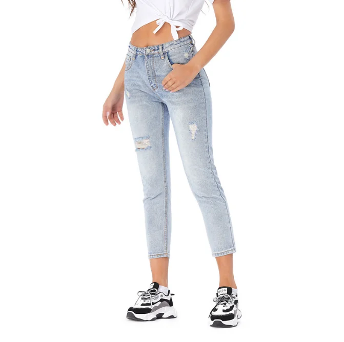 Wholesales loose jeans women spring and autumn fashion design cotton denim ripped washed trousers