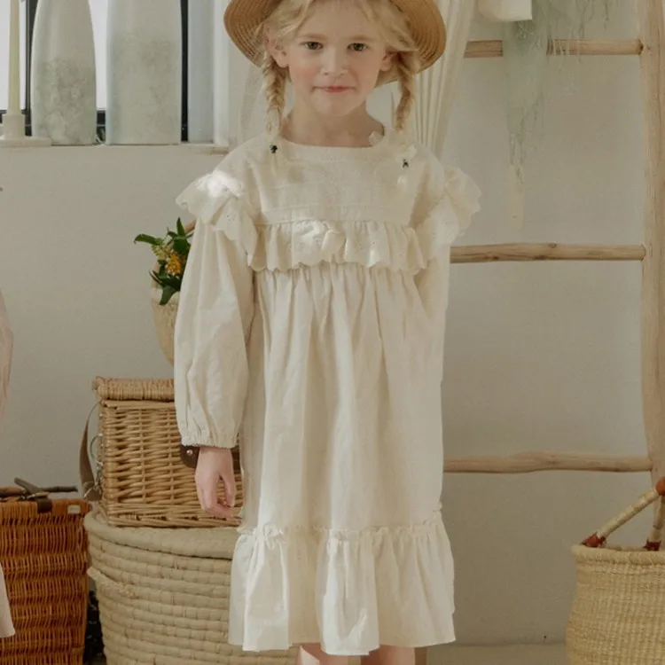 Wholesale Product Baby Girls Autumn Linen Cotton Dresses Girls Flower Ruffled Long Sleeves Spin Dresses