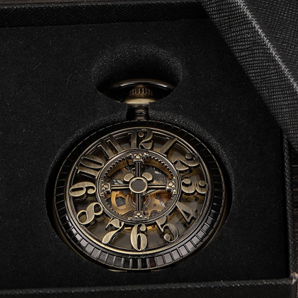 Vintage Bronze Hollowed Out Arabic Digital Clamshell Automatic Mechanical Pocket Watch