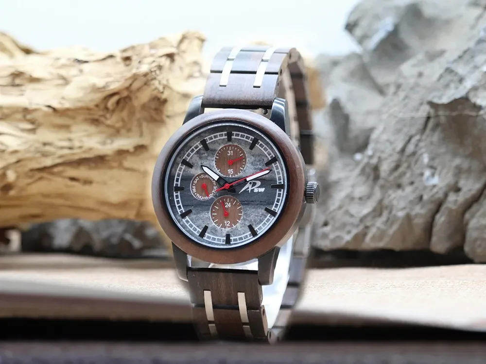 New Design Wooden and Stainless Steel Watches for Men Marble Stone Dial Wood Watch