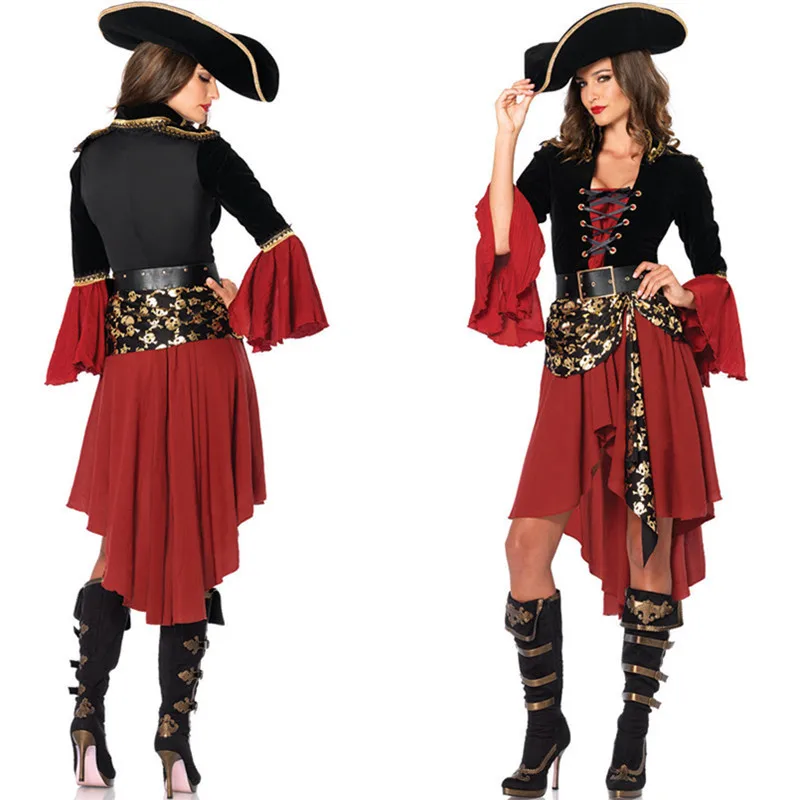 Female Caribbean Pirates Captain Costume Halloween Role Playing Cosplay Suit Medoeval Gothic Fancy Woman Dress