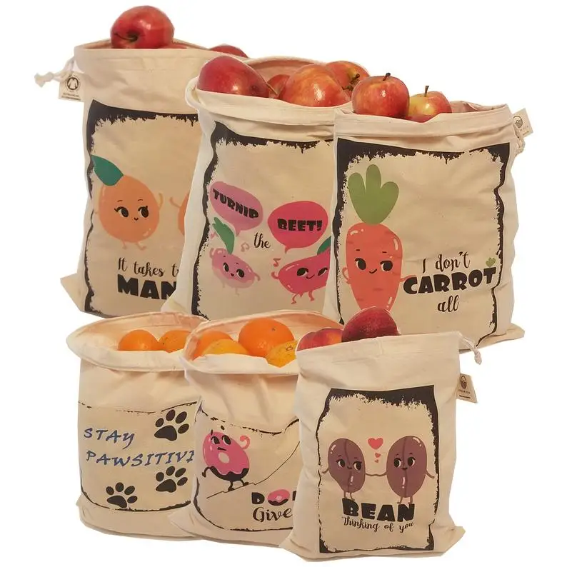 
Customized organic cotton muslin drawstring bags with vegetable printing 
