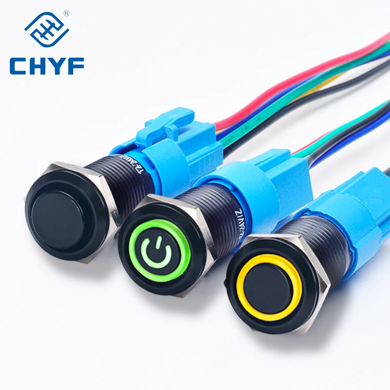 Black 12mm latching self-locking flat head high head 3 pins 5 pins aluminium alloy button switches