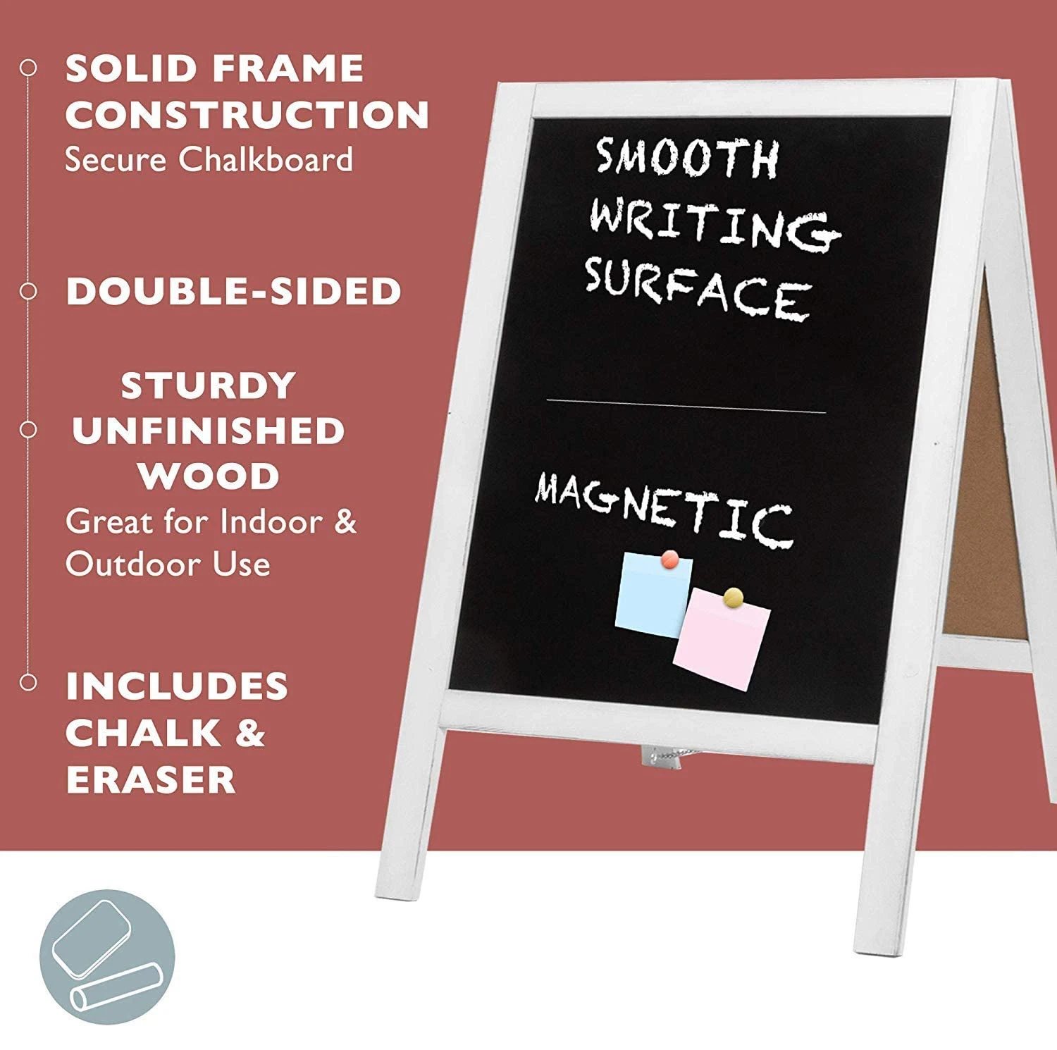 Wooden A-Frame Sign with Eraser & Chalk - Magnetic Sidewalk Chalkboard  Sturdy Freestanding White Sandwich Board Menu Display