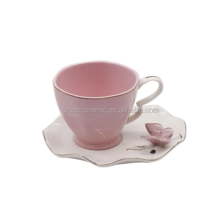 Pink Butterfly Embossed Ceramic china Fine Porcelain Cup And Saucer With Gold Rim