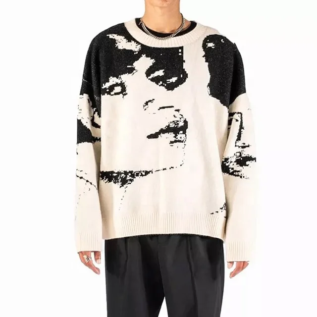 Europe and America fashion designer ins men Jacquard sweater loose Plus Size men pullover Knitted Anime pattern Couples sweater