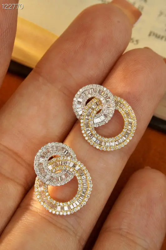 Лидер продаж дизайнерские двухкруглые серьги с бриллиантами в двух тонах из чистого золота 18 карат