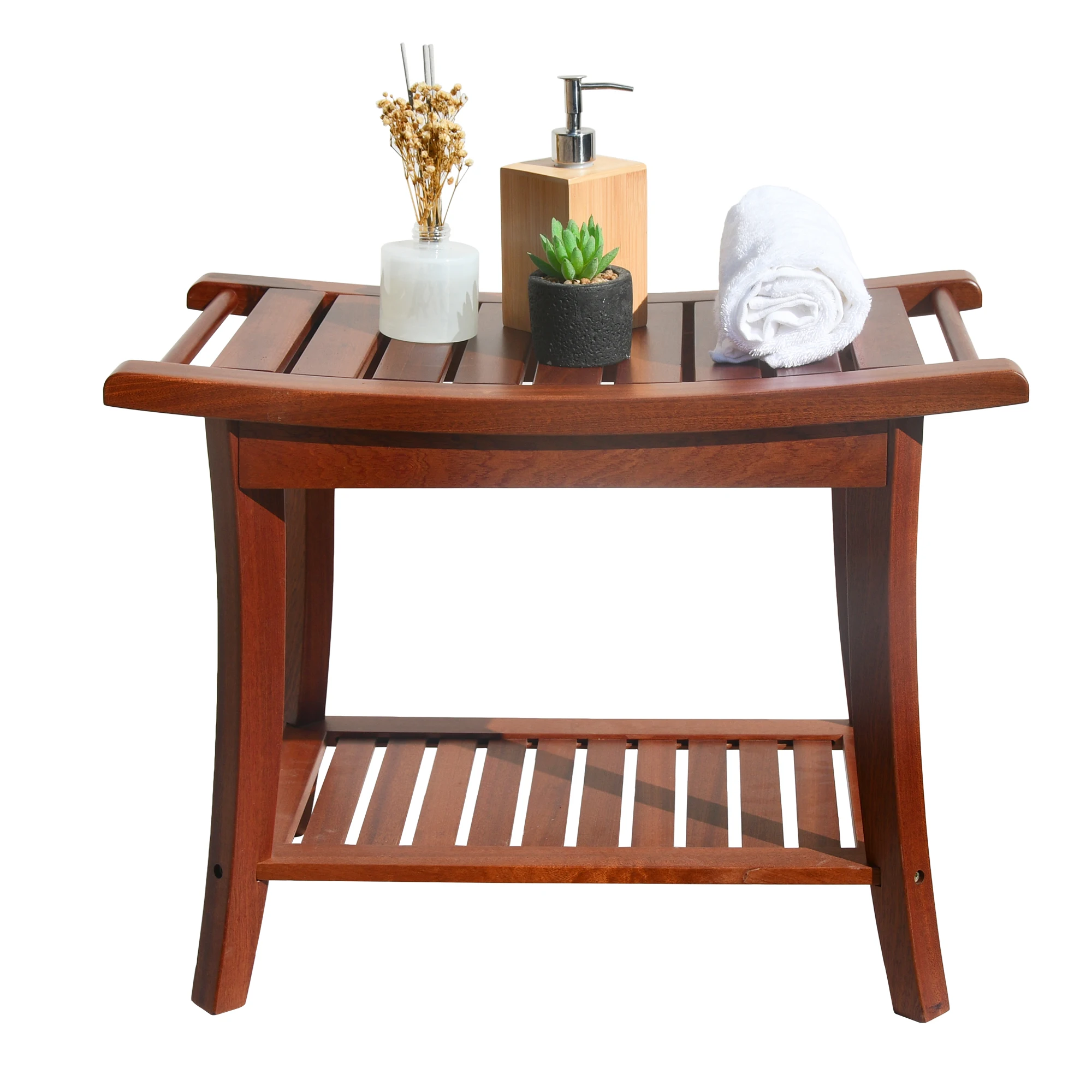 Teak Shower Bench Seat with Handles, Portable Wooden Spa Bathing Stool with Storage Towel Shelf