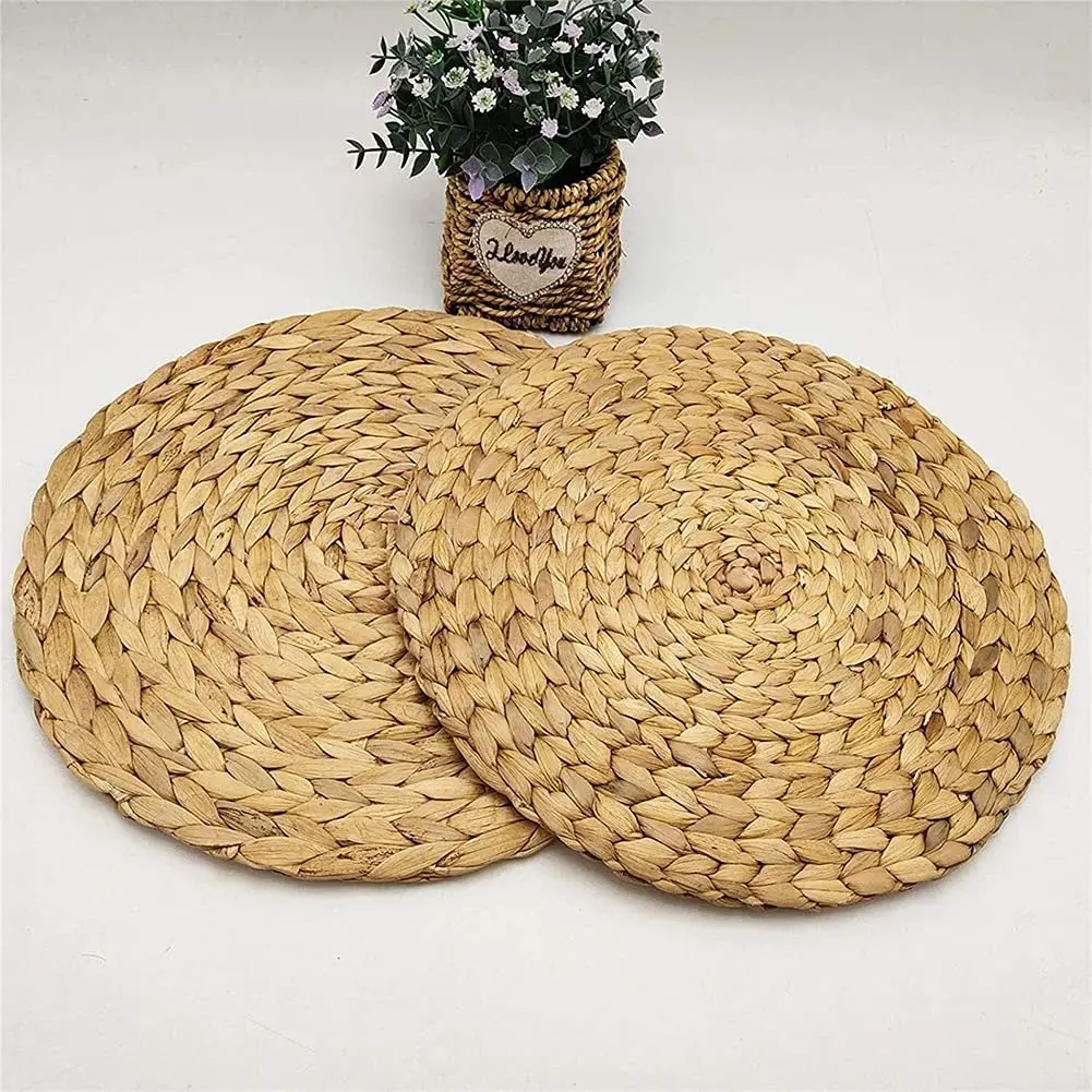 Natural Round Braided Water Hyacinth Weave Handmade Placema Straw Mats Woven Placemats Non Slip for Table