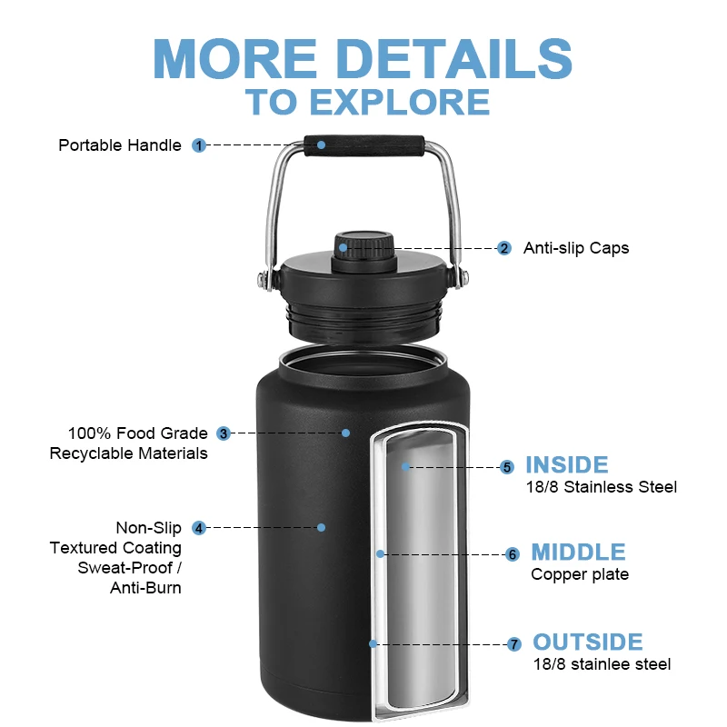 Outdoor Camping One Gallon Jug Large Stainless Steel 128 oz Sports Insulated Water Bottles Keep Cold 48H
