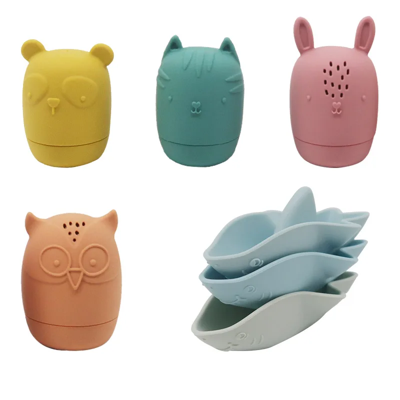 Hot Sale Cute Animal Beach Toys educational Baby Toys eco-friendly Bath baby silicone Owl Shark Boat Floating toys for Toddler