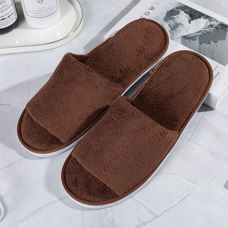 open toe hotel terry slippers with logo coral velvet slippers non-slip sole