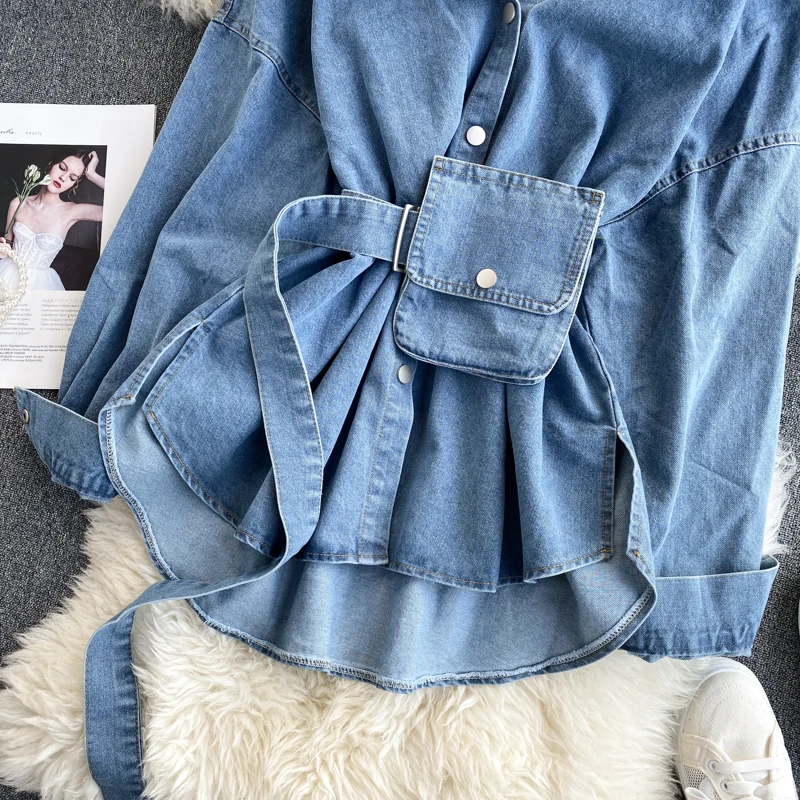 2022 Hot Sale Women Lapel Long Sleeve Denim Blouse Dress Fashion Cozy Denim Shirt Cotton Blouse Tops Fashion Denim Jacket