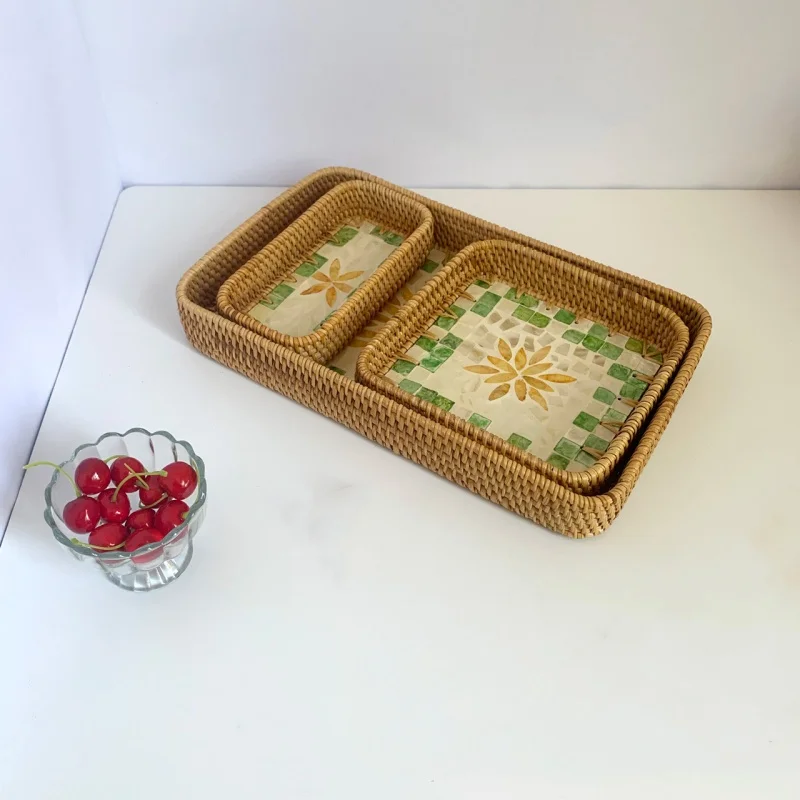 Advanced Cotton Cutlery Tray For Home Restaurant Rectangular Fruit Storage With Candy Shell Color Rattan Basket Dessert Napkins