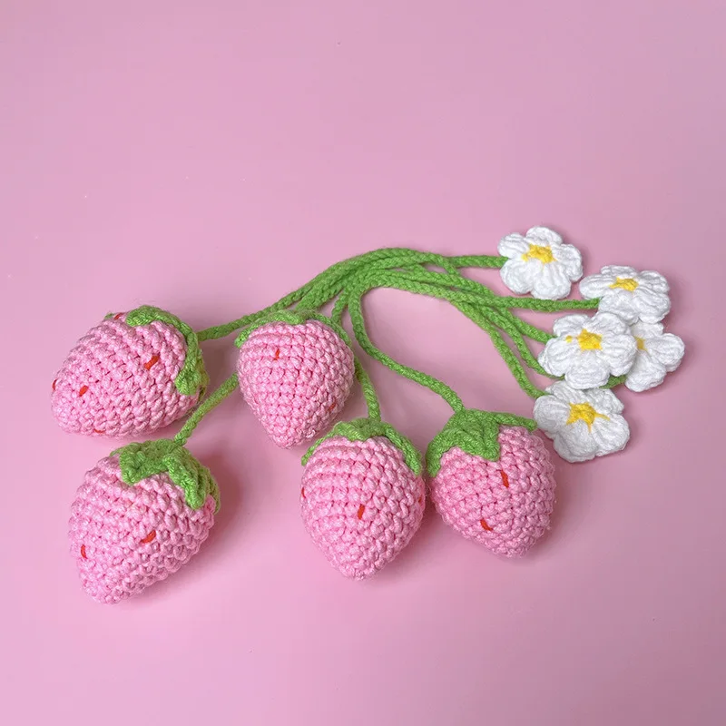 Hand Knitted Strawberry Bookmark Gifts Crochet Strawberry Bookmark With Daisy Flower For Crochet Key Chain Bag Charm Car Hanging