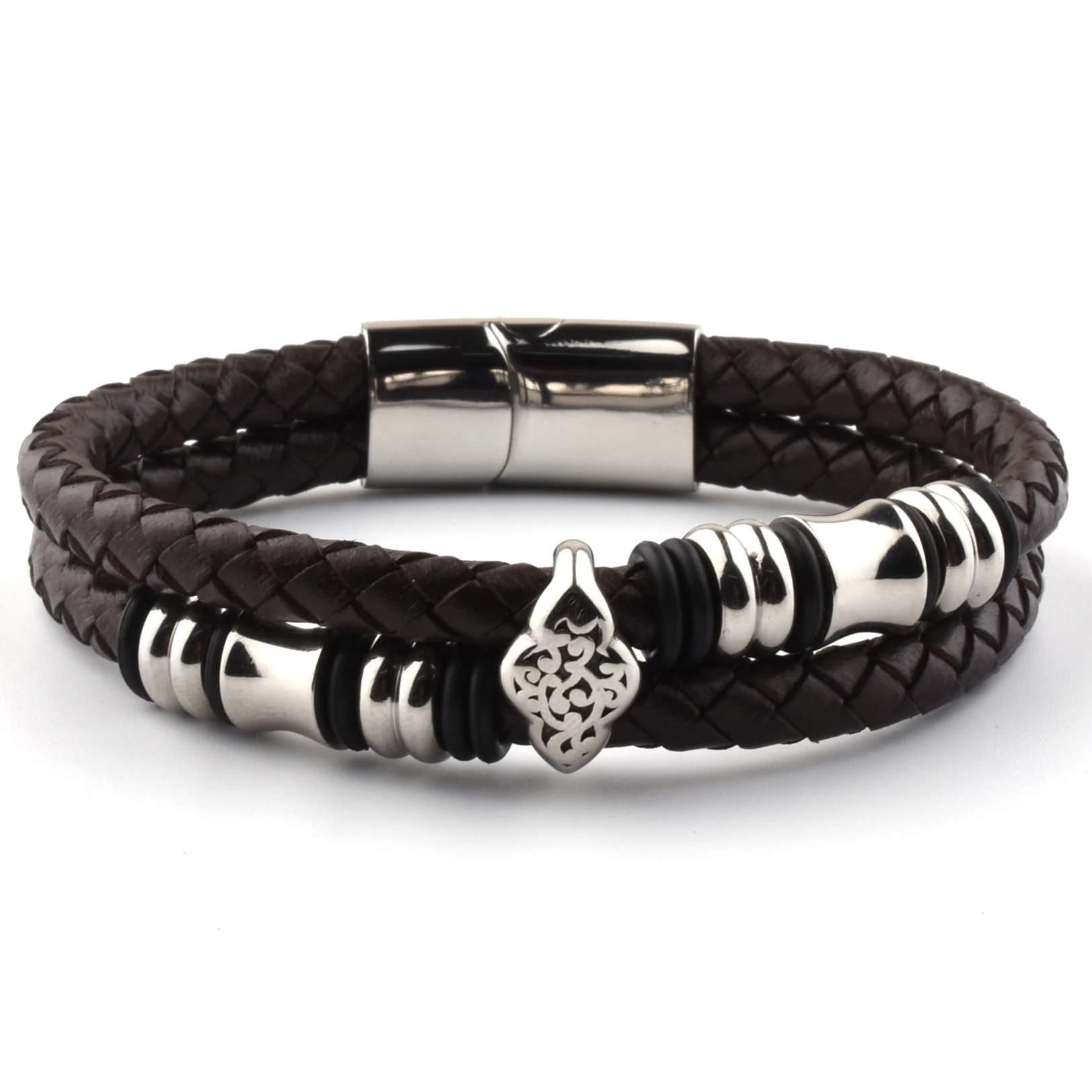 Hot Sale Item Interesting Stainless Steel Skull Silver lated Truth Leather Amega Magnetic Truth Leather Bracelet