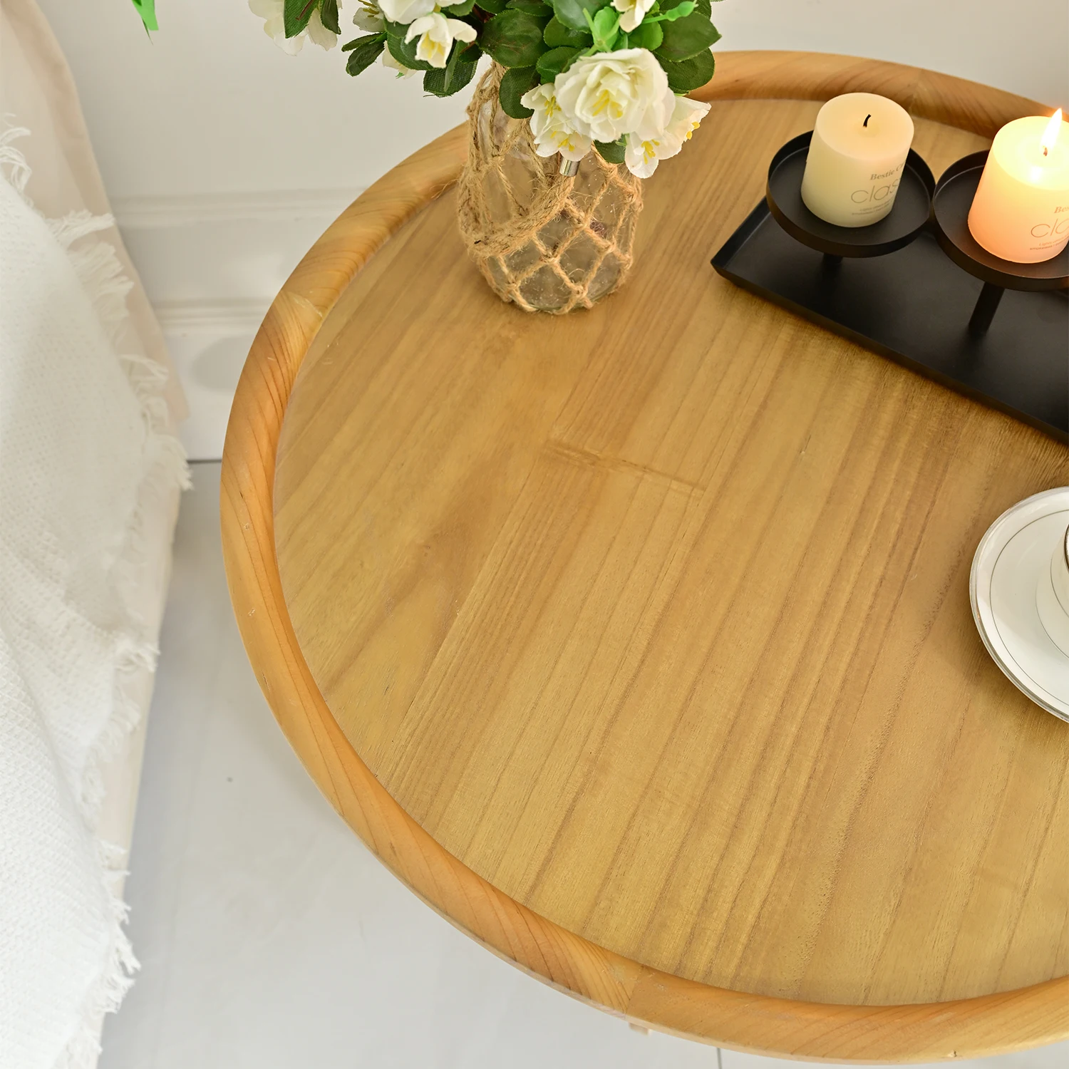 INNOVA Home farmhouse natural style round solid wood living room side coffee table