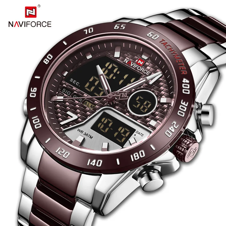 NAVIFORCE 9171 Quartz Analog LCD Watches with Stainless Steel  Luxury Sports Chronograph Quartz Double Display Watch Men
