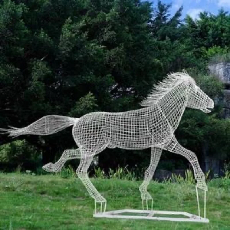 Large Size Modern Stainless Steel Sculpture Outdoor Abstract Art Hollow Stainless Steel Wire Sculpture Metal Horse Statues
