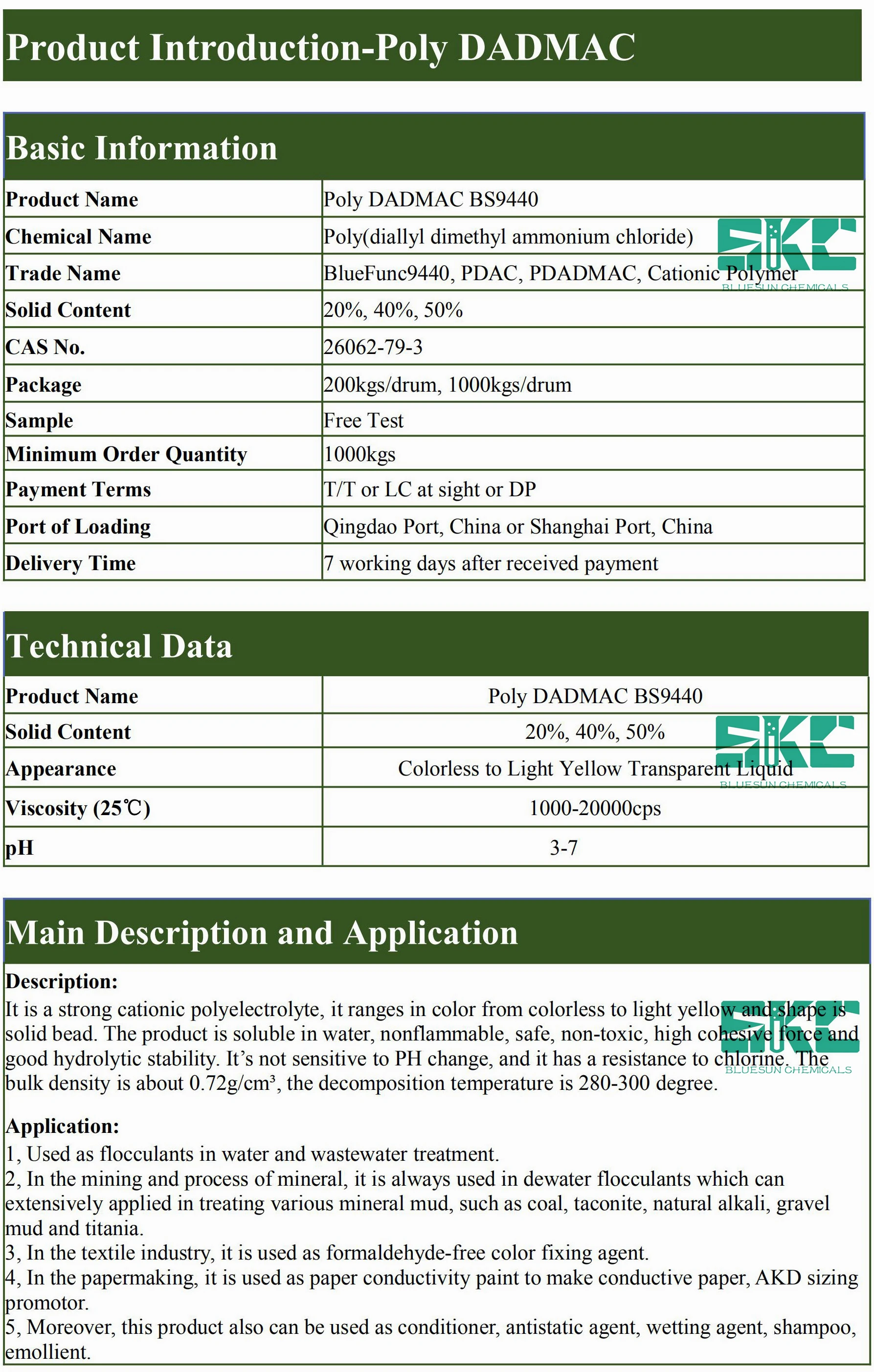 Poly Dadmac 40%/ Cationic / CAS No. 26062-79-3/ Good Hydrolysis Stability/ Water Treatment