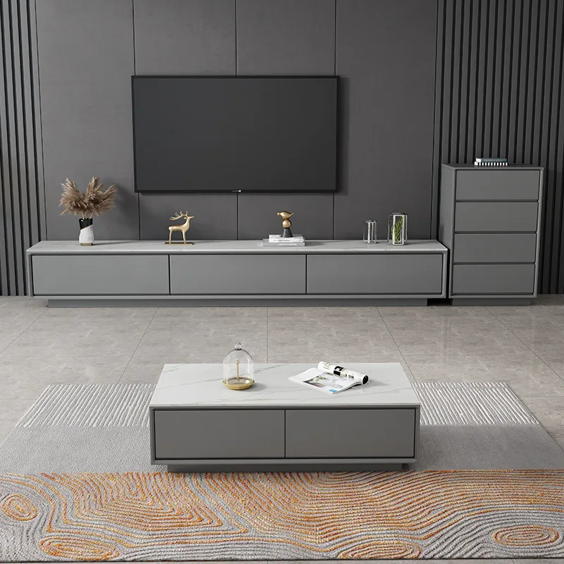 Rock panel TV cabinet simple modern home living room storage cabinet Solid wood TV cabinet coffee table combination