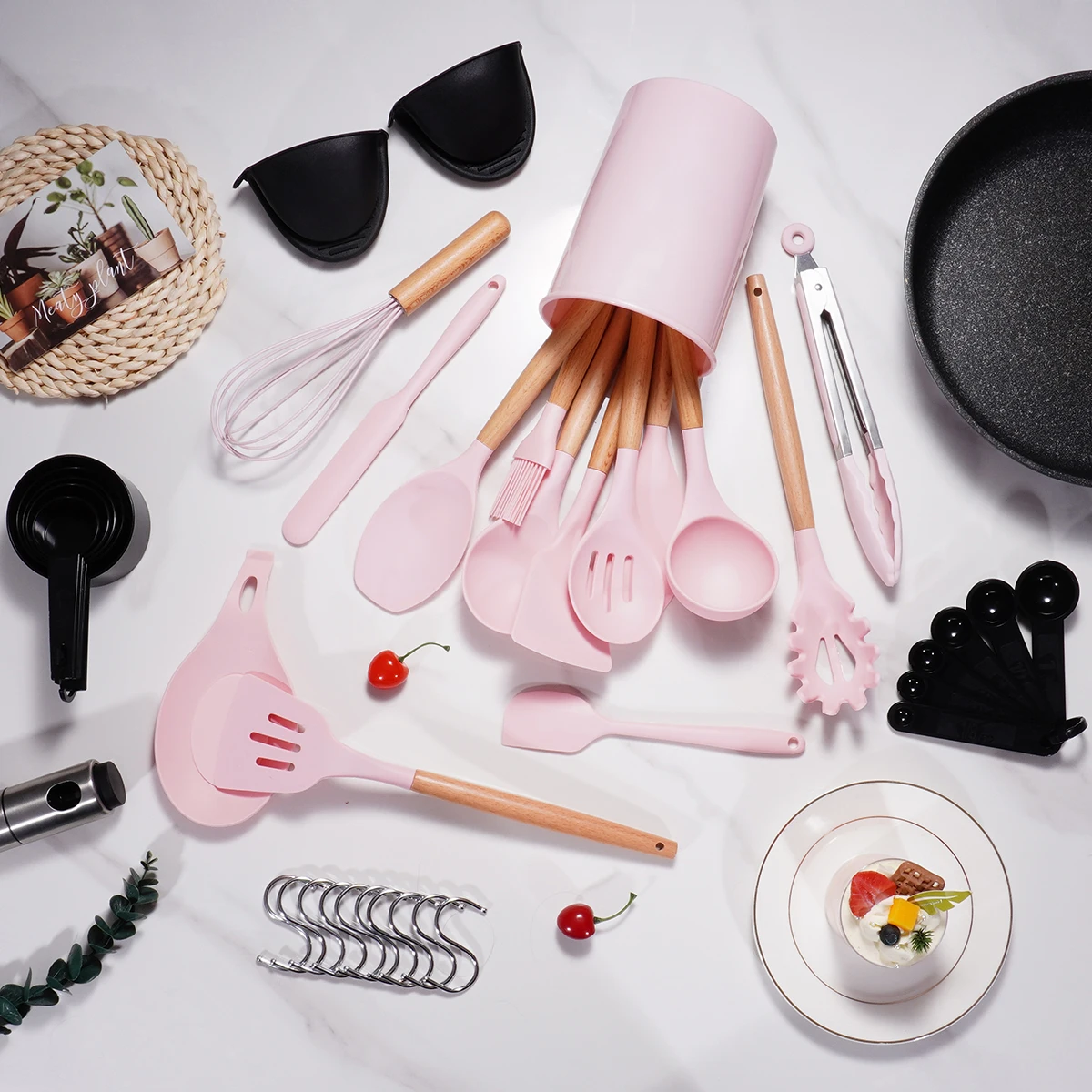 38 Pcs Wholesale Kitchen Accessories Cooking Tools Kitchenware Wooden Handle Non-Stick Silicone Kitchen Utensil Set