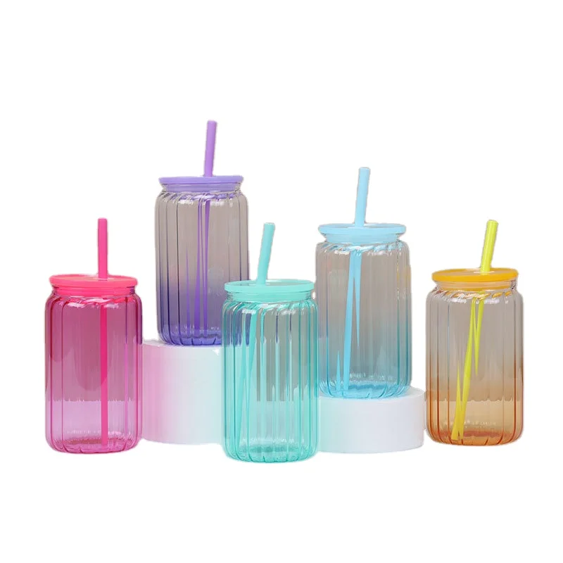 BPA free 16oz Sublimation wavy configuration jelly Glass Beer Can transparent clear gradient glass cup with colored plastic lid