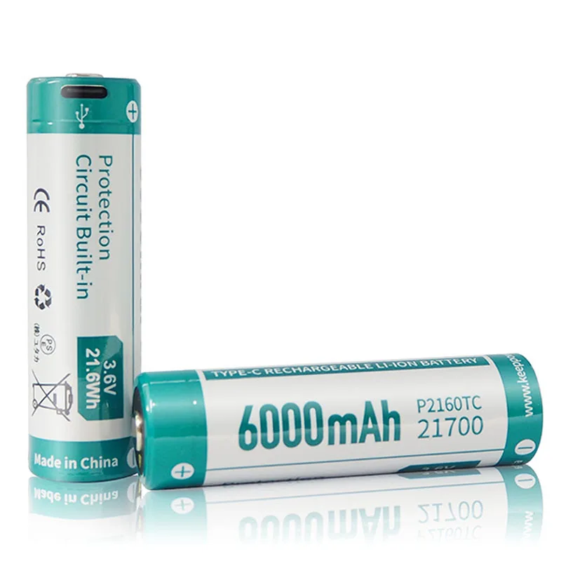 Keeppower P2160TC 21700 3.6V 6000mAh TYPE-C USB Quality Protected Rechargeable Li-ion Battery for Flashlight