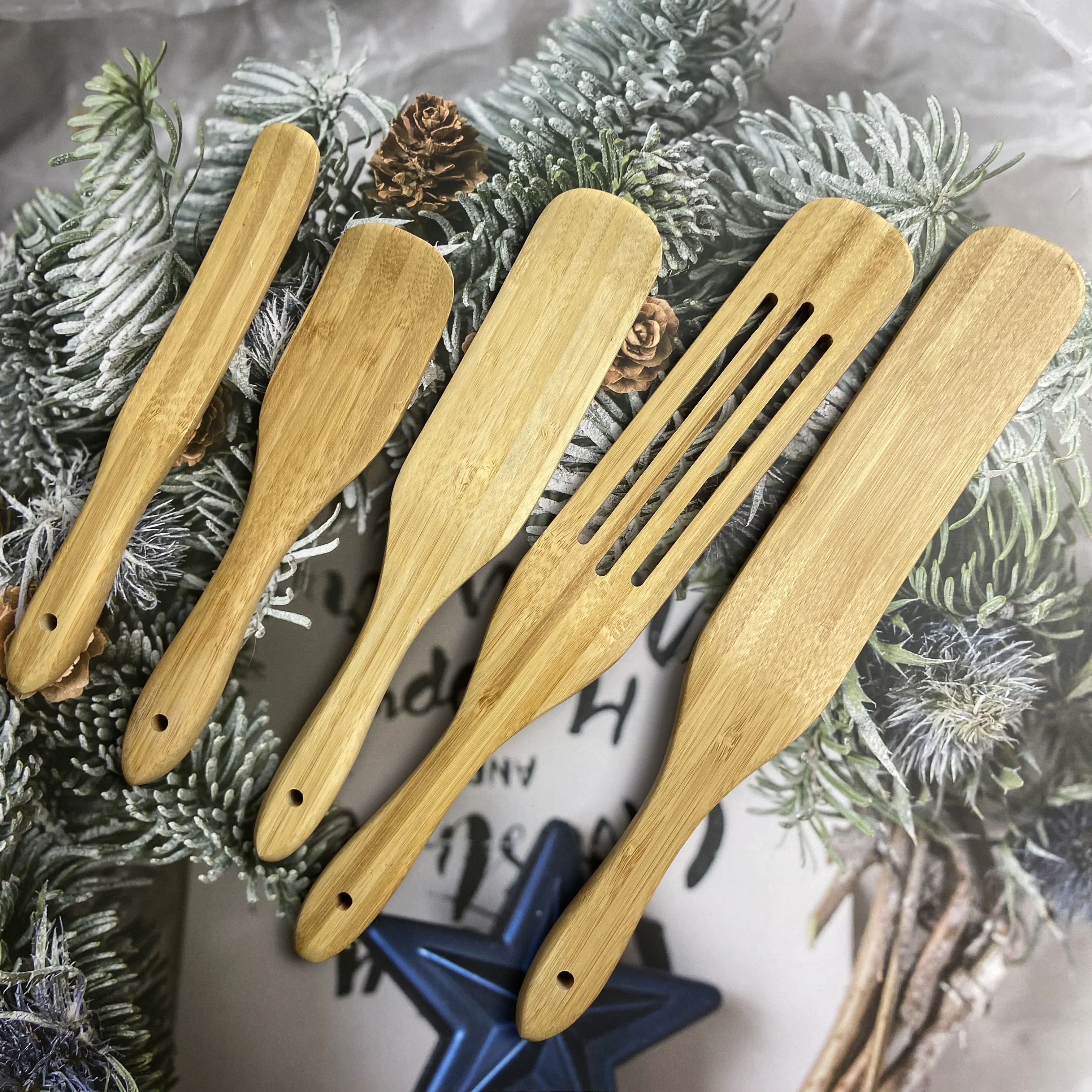 Diyue Home Kitchen Cooking Utensils Tool Eco Friendly Camping Spatula Set of 5 Spatulas Organic Bamboo Wood Spatula