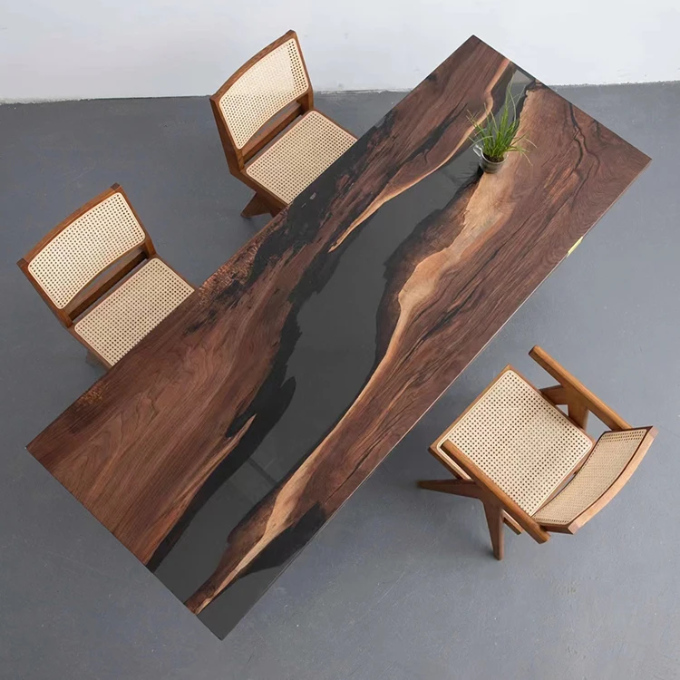 Black and wood epoxy resin dining table, black walnut and epoxy resin dining table