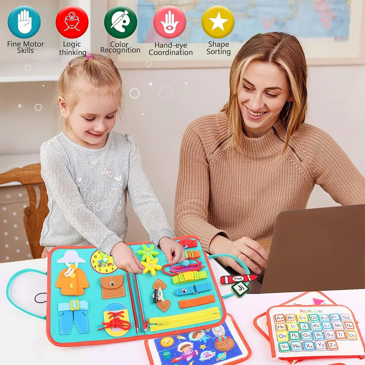 ET Montessori Busy Board for Toddlers Travel Sensory Toys for Kids Preschool Educational Activities Learning Fine Motor Skills