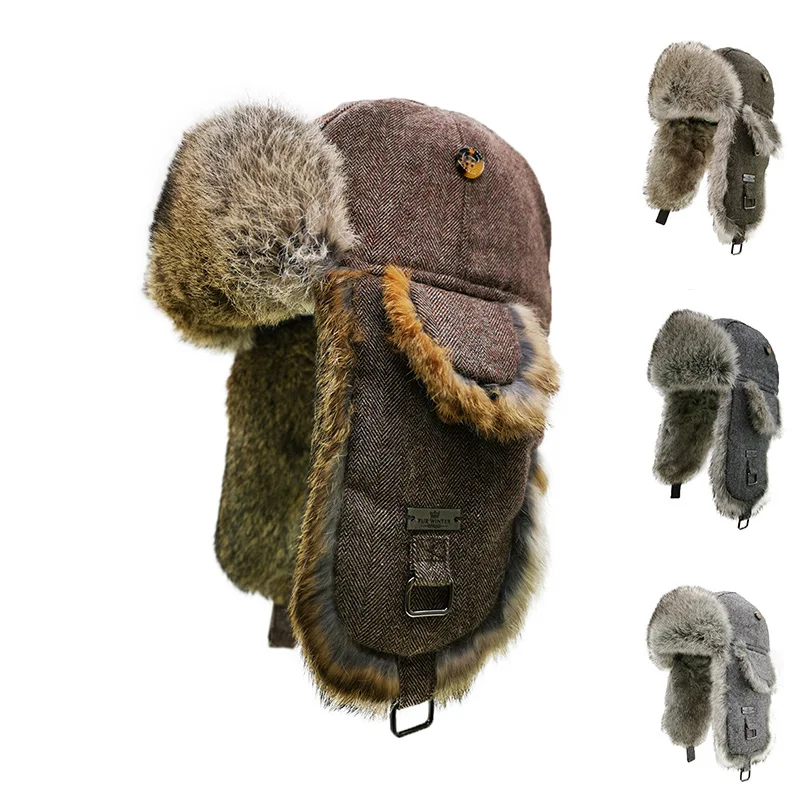 Multifunctional Herringbone Tweed Custom Snowboarding Real Rabbit Fur Brown Aviator Hat