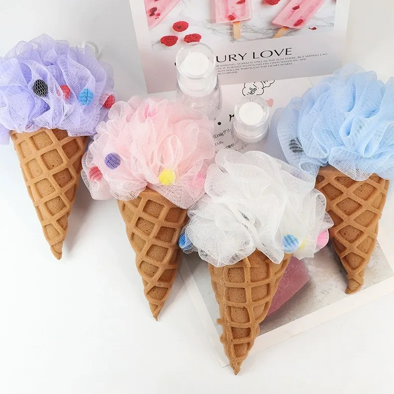 Wholesale Ice Cream Bath Sponge Baby Luxury Mesh Bath Ball Super Soft Cute Cone Shape Bath Wipe Loofah