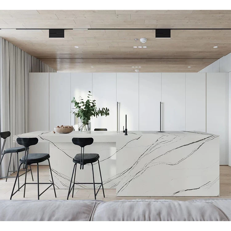 Modern Designs PVC/ Lacquer Kitchen Island Furniture Cocina White Modular Kitchen Cabinet with Quartz Island